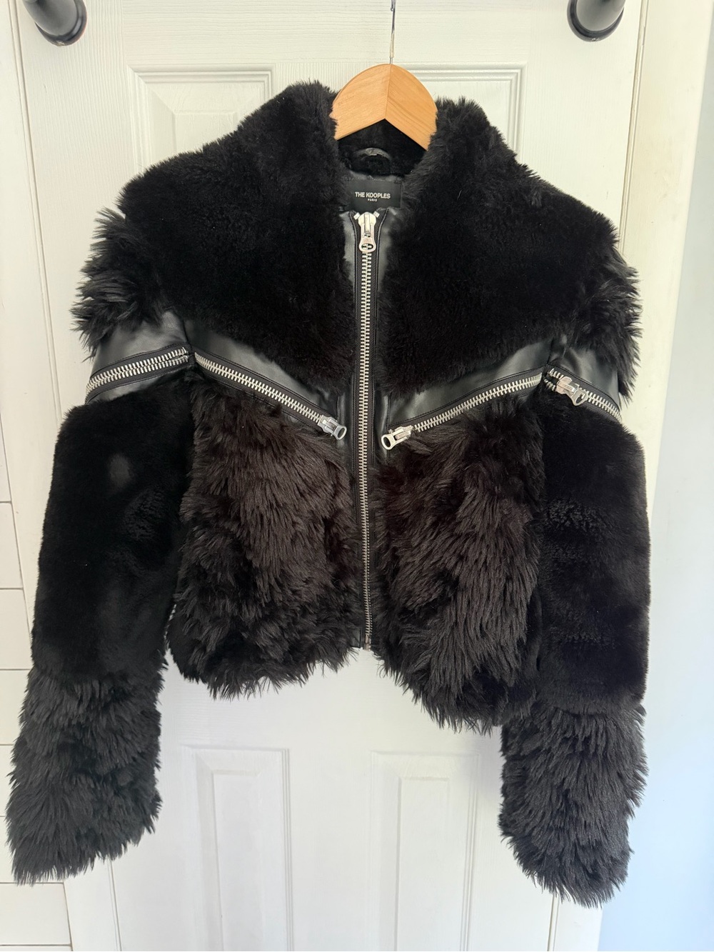 THE KOOPLES Black Faux Fur Zipper Jacket, Size Small, MOTO, LUXURY